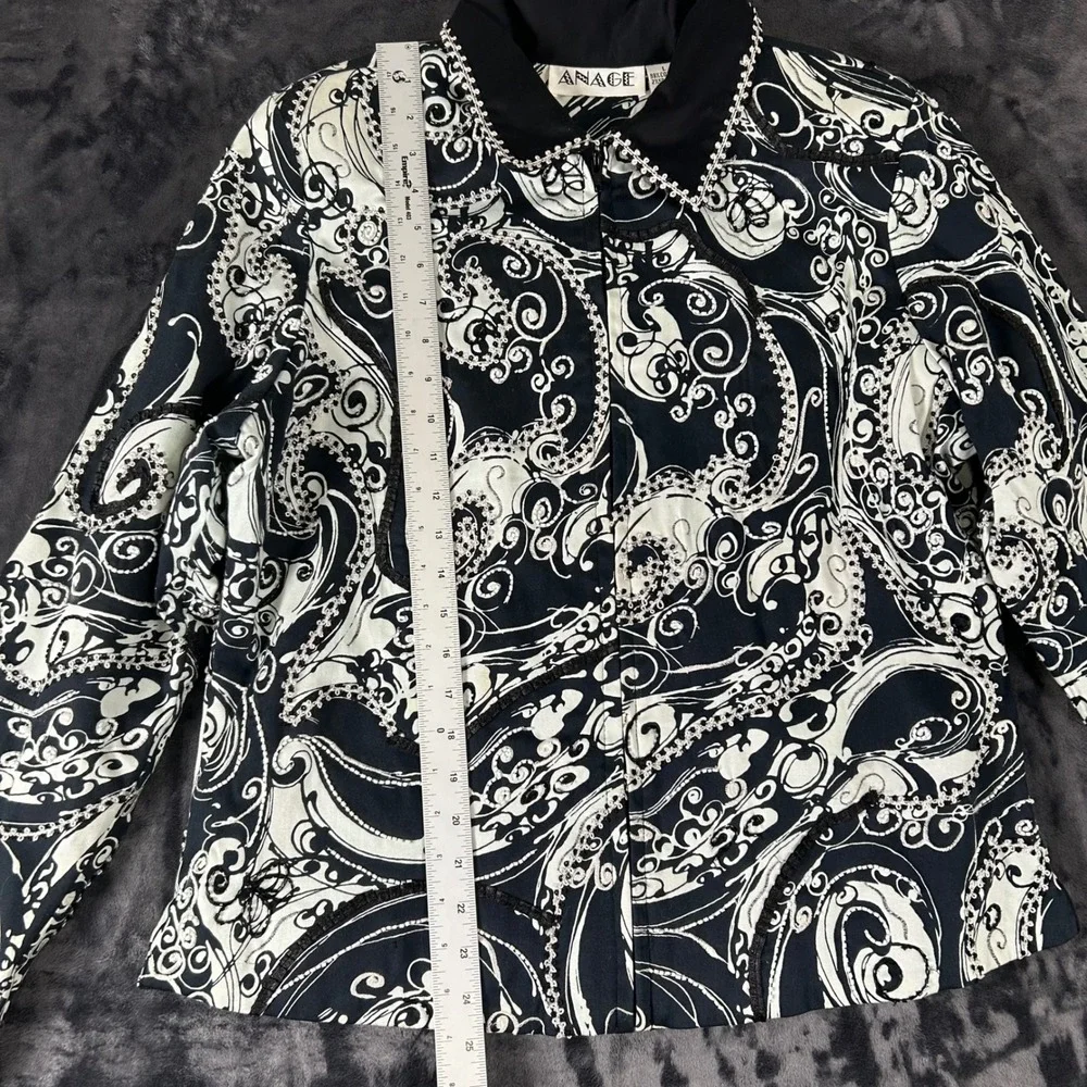 Anage Zip‎ Front Jacket Womens Large Black White Paisley Beaded Floral Lining
